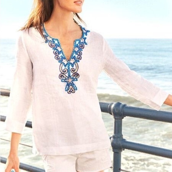 Lilly Pulitzer Amelia Embroidered Beaded Linen Island Tunic White Blue XXS NWT - Picture 1 of 9